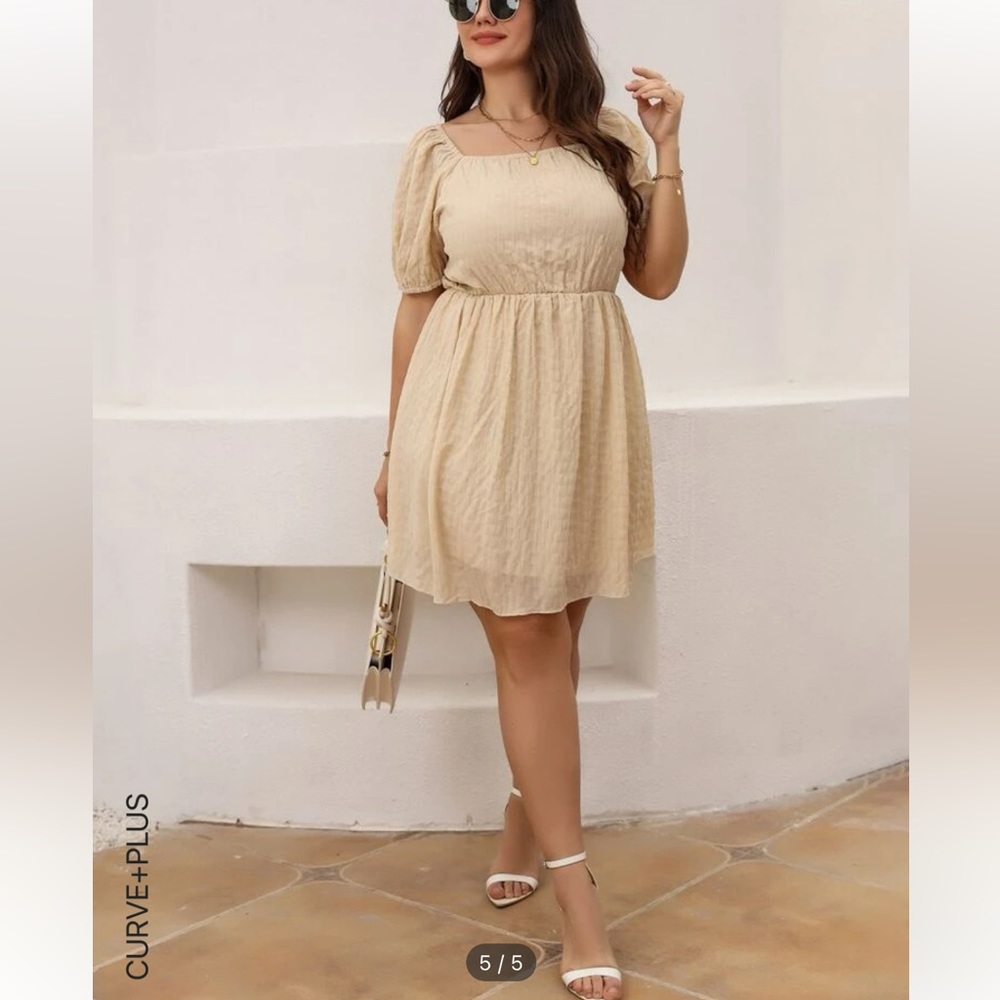 Beige Puff Sleeve Knee Length Dress